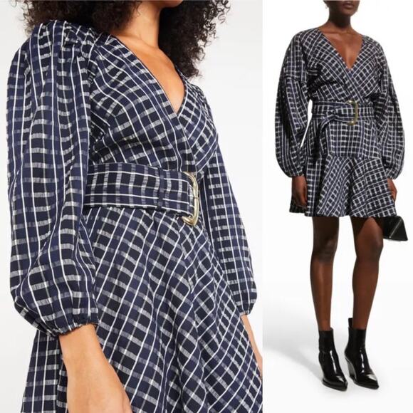 NWT Tanya Taylor Nicola Puff-Sleeve Belted Check Mini Dress - Picture 1 of 8
